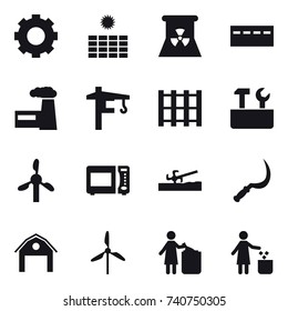 16 vector icon set : gear, sun power, nuclear power, bunker, factory, tower crane, repair tools, soil cutter, sickle, barn, windmill, garbage bin
