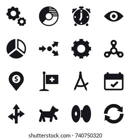 16 Vector Icon Set : Gear, Circle Diagram, Alarm Clock, Eye, Diagram, Core Splitting, Spinner, Dollar Pin, Draw Compass, Dog, Reload