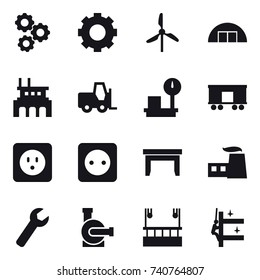 16 vector icon set : gear, windmill, hangare, factory, power socket, table, wrench, water pump, skyscapers cleaning, skyscrapers cleaning
