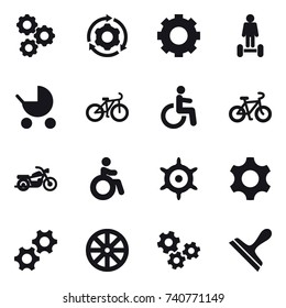 16 vector icon set : gear, around gear, hoverboard, baby stroller, bike, motorcycle, invalid, handwheel, wheel, gears, scraper