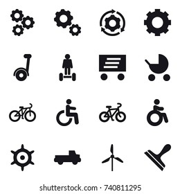 16 vector icon set : gear, around gear, segway, hoverboard, delivery, baby stroller, bike, invalid, handwheel, pickup, windmill, scraper