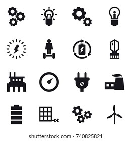 16 vector icon set : gear, bulb, lightning, hoverboard, battery charge, crystall  memory, factory, barometer, gears, windmill