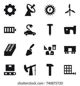 16 vector icon set : gear, satellite antenna, sun power, windmill, battery, electric car, nail, slum, brick, construction, architector