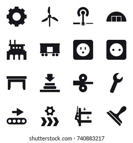 16 vector icon set : gear, windmill, laser, hangare, factory, power socket, table, skyscrapers cleaning, scraper