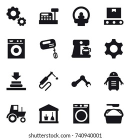 16 vector icon set : gear, cashbox, washing machine, mixer, coffee maker, tractor, utility room, washing powder