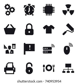 16 vector icon set : gear, alarm clock, chip, nuclear, basket, lock, t-shirt, repair, architector, hierarchy