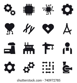 16 vector icon set : gear, chip, cardio chip, draw compass, factory, tower crane, water pump