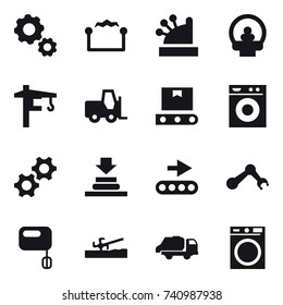 16 vector icon set : gear, electrostatic, cashbox, tower crane, washing machine, soil cutter, trash truck