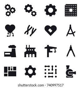 16 vector icon set : gear, cpu, cardio chip, draw compass, factory, tower crane, drawing compass, water pump