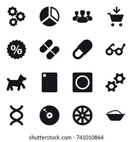 16 vector icon set : gear, diagram, group, add to cart, percent, dog, cutting board, ring button, wheel, foam basin