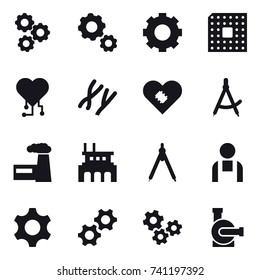 16 vector icon set : gear, cpu, cardio chip, draw compass, factory, drawing compass, gears, water pump