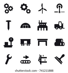 16 vector icon set : gear, windmill, laser, nail, hangare, factory, table, skyscrapers cleaning, scraper