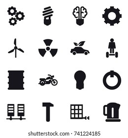 16 vector icon set : gear, bulb, bulb brain, windmill, nuclear, eco car, hoverboard, motorcycle, kettle