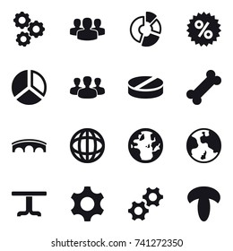 16 vector icon set : gear, group, circle diagram, percent, diagram, bridge, earth, table