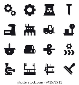 16 vector icon set : gear, nuclear power, nail, factory, water pump, skyscapers cleaning, skyscrapers cleaning, scraper