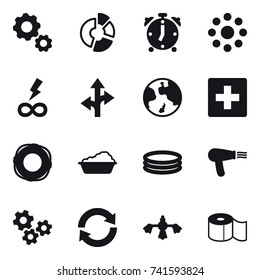 16 vector icon set : gear, circle diagram, alarm clock, round around, infinity power, earth, first aid, lifebuoy, washing, inflatable pool, hair dryer, gears, reload, hard reach place cleaning