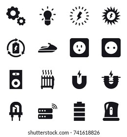 16 vector icon set : gear, bulb, lightning, sun power, battery charge, jet ski, power socket, speaker, radiator, kettle