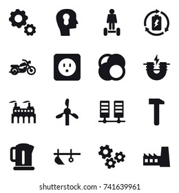 16 vector icon set : gear, bulb head, hover board, battery charge, motorcycle, power socket, kettle, plow, gears, factory