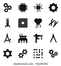 16 vector icon set : gear, chip, dna modify, cpu, cardio chip, draw compass, factory, tower crane, drawing compass, gears