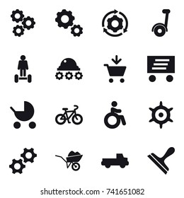 16 vector icon set : gear, around gear, hover board, lunar rover, add to cart, delivery, baby stroller, bike, invalid, handwheel, wheelbarrow, pickup, scraper