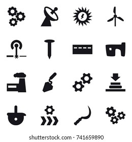 16 vector icon set : gear, satellite antenna, sun power, windmill, laser, nail, bunker, slum, factory, construction, sickle, gears