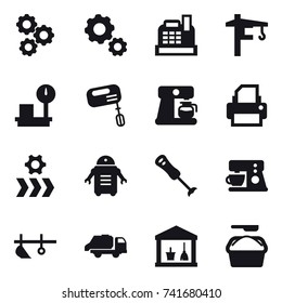 16 Vector Icon Set : Gear, Cashbox, Tower Crane, Mixer, Coffee Maker, Plow, Trash Truck, Utility Room, Washing Powder