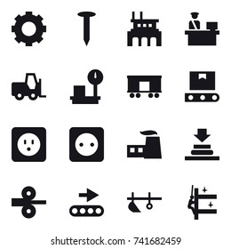 16 vector icon set : gear, nail, factory, power socket, plow, skyscrapers cleaning