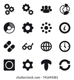 16 vector icon set : gear, group, circle diagram, round around, info, globe, watch, ring button, reload