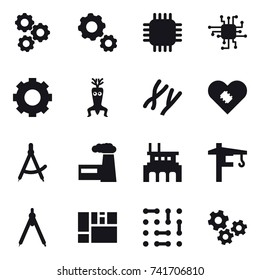 16 vector icon set : gear, chip, dna modify, draw compass, factory, tower crane, drawing compass, gears