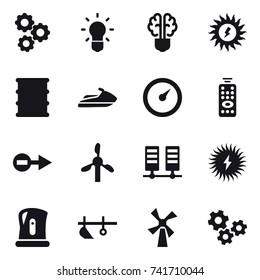 16 vector icon set : gear, bulb, bulb brain, sun power, jet ski, barometer, remote control, kettle, plow, windmill, gears