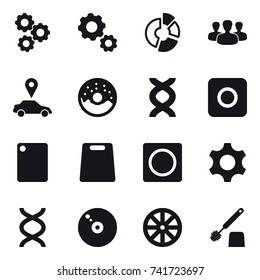 16 vector icon set : gear, circle diagram, group, car pointer, donut, ring button, cutting board, wheel, toilet brush