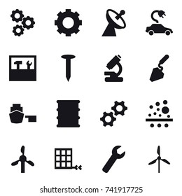 16 vector icon set : gear, satellite antenna, electric car, tools, nail, construction, wrench, windmill