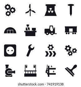 16 vector icon set : gear, windmill, nuclear power, nail, hangare, power socket, gears, water pump, skyscapers cleaning, skyscrapers cleaning, scraper