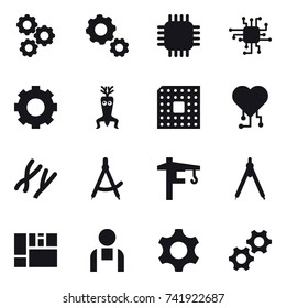 16 vector icon set : gear, chip, dna modify, cpu, cardio chip, draw compass, tower crane, drawing compass