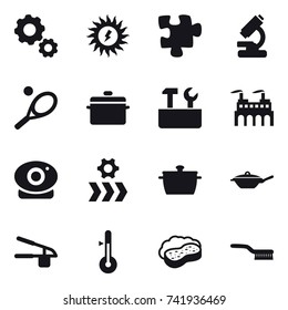 16 vector icon set : gear, sun power, puzzle, tennis, pan, repair tools, garlic clasp, thermometer, sponge with foam, brush