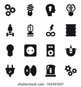 16 vector icon set : gear, bulb, bulb head, bulb brain, hoverboard, crystall  memory, infinity power, power socket, speaker, kettle, gears