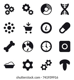 16 vector icon set : gear, circle diagram, dna, round around, add to cart, info, earth, watch, ring button, washing