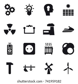 16 vector icon set : gear, bulb, bulb head, sun power, nuclear, electrostatic, factory, jet ski, remote control, power socket, radiator, plow, windmill