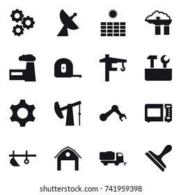16 vector icon set : gear, satellite antenna, sun power, factory filter, factory, measuring tape, tower crane, repair tools, plow, barn, sweeper, scraper