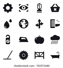 16 vector icon set : gear, eye identity, crystall  memory, delete cart, hotel, do not distrub, iron, rain cloud, rake, flower, farm fence, bath