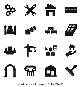 16 vector icon set : gear, pencil wrench, home, bunker, minaret, houses, block wall, brick, building helmet, tower crane, architector, real estate, arch, antique column, scraper