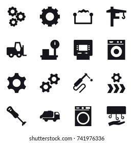 16 vector icon set : gear, electrostatic, tower crane, atm, washing machine, trash truck, hand dryer