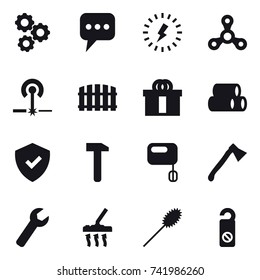16 vector icon set : gear, message, lightning, spinner, laser, fence, axe, wrench, vacuum cleaner, duster, do not distrub