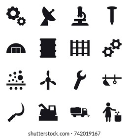 16 vector icon set : gear, satellite antenna, microscope, nail, hangare, plow, sickle, harvester, sweeper, garbage bin
