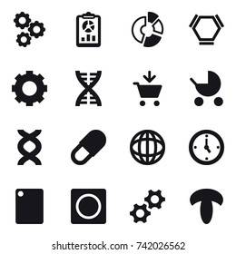 16 vector icon set : gear, report, circle diagram, hex molecule, dna, add to cart, baby stroller, watch, cutting board, ring button
