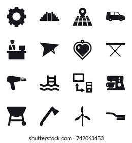 16 vector icon set : gear, pyramid, deltaplane, heart pendant, iron board, hair dryer, pool, axe, windmill, brush