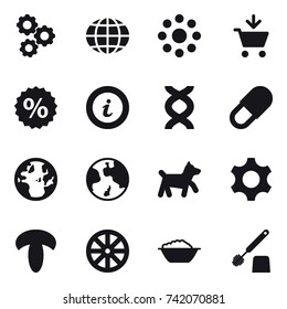 16 vector icon set : gear, globe, round around, add to cart, percent, info, earth, dog, wheel, foam basin, toilet brush