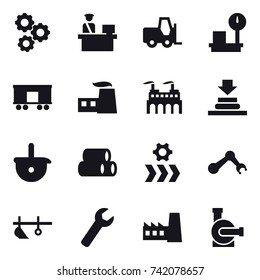 16 vector icon set : gear, plow, wrench, factory, water pump