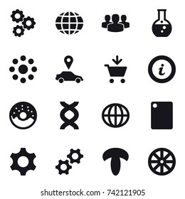 16 vector icon set : gear, globe, group, round flask, round around, car pointer, add to cart, info, donut, cutting board, wheel