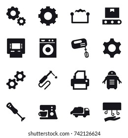 16 vector icon set : gear, electrostatic, atm, washing machine, mixer, trash truck, hand dryer